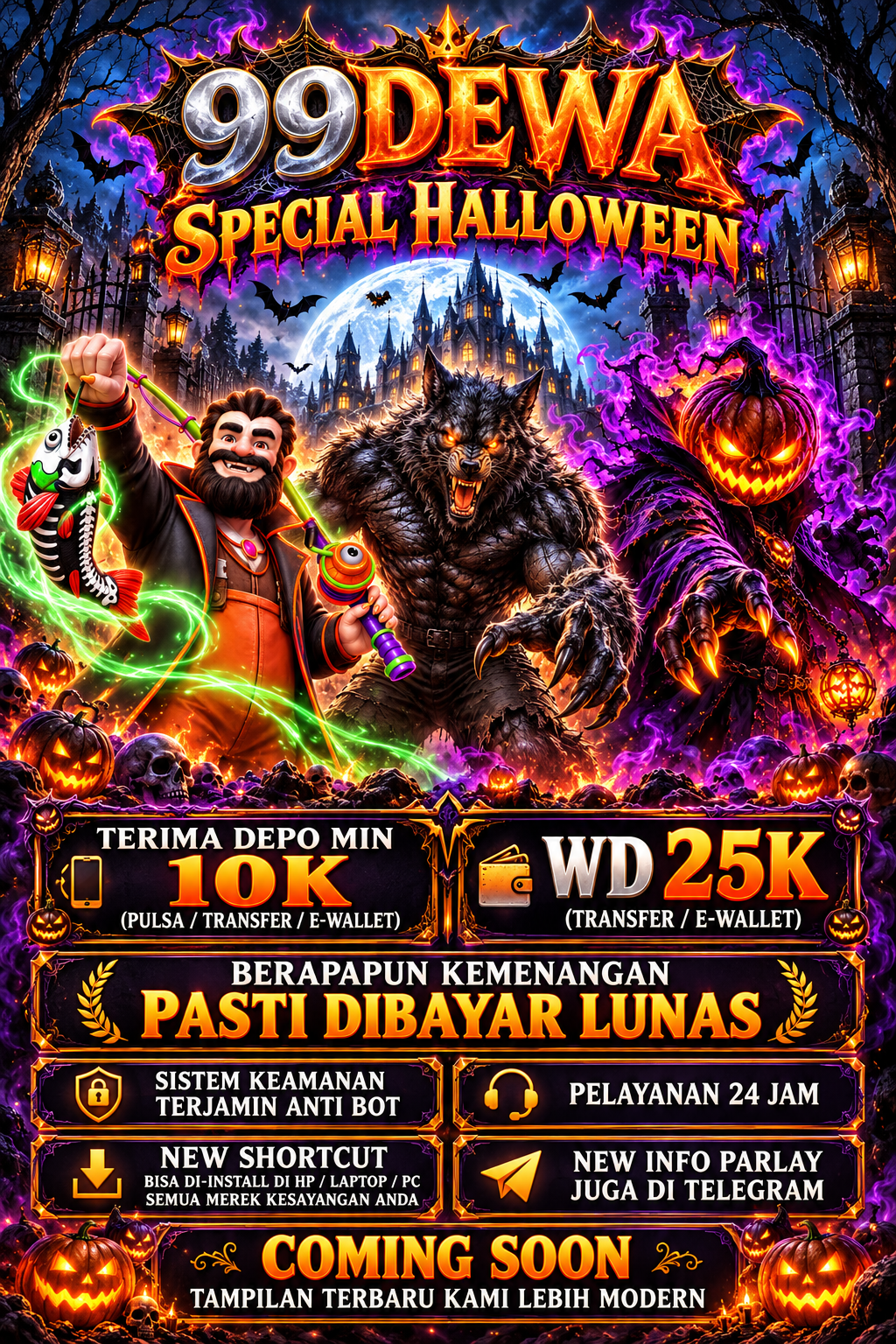 Banner 99DEWA Special Halloween dengan tiga karakter dan informasi layanan